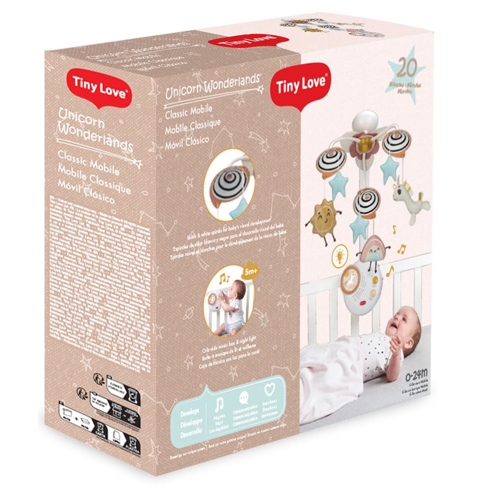 Tiny Love Classic Mobile, Baby-Mobile für das Bettchen, ab 0 Monaten, tragbares Musik-Mobile für den Kinderwagen, magische Plüschfiguren, 20 Minuten ununterbrochene Musik, Unicorn Wonderlands