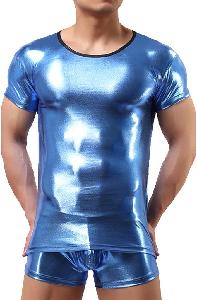 Fikeoo Men's Shiny Faux Leather Tight T-Shirts