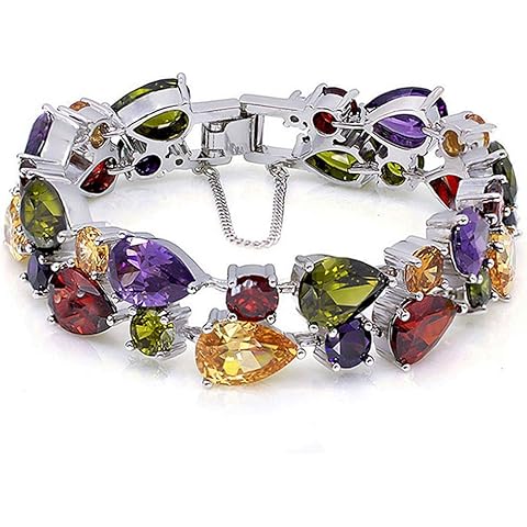 Silver Bangle Bracelets For Women Classic Fashion Bracelet with Gemstone Garnet White Topaz Amethyst Citrine Peridot Pink Topza 7 Inches