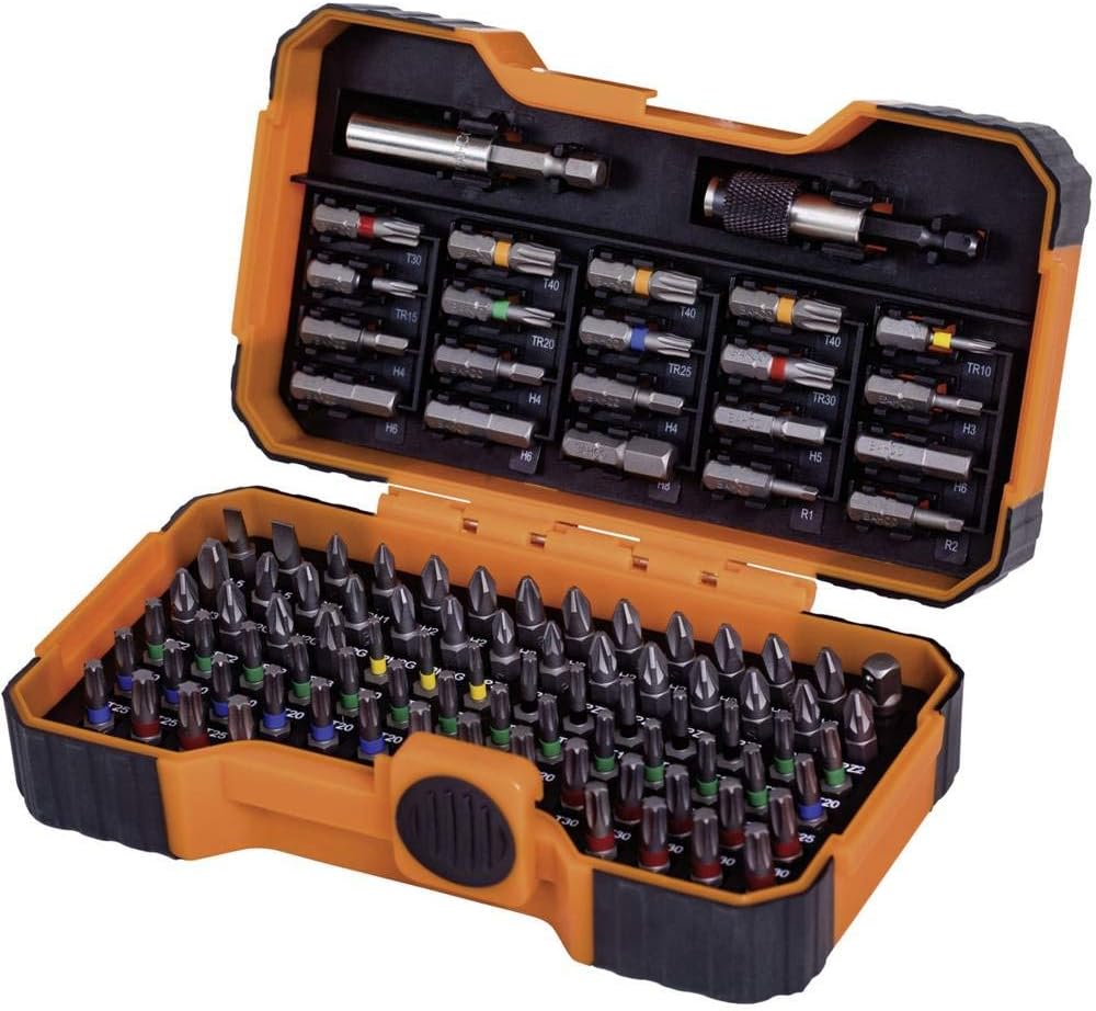 Bahco 59/S100BC 100 pcs bit set for Slotted, Phillips, Pozidriv, Hexagon, Robertson and coloured TORX®,TORX® Tamper, head screws
