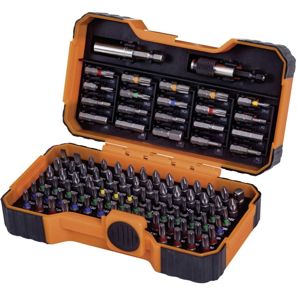 Bahco 59/S100BC 100 pcs bit set for Slotted, Phillips, Pozidriv, Hexagon, Robertson and coloured TORX®,TORX® Tamper, head screws