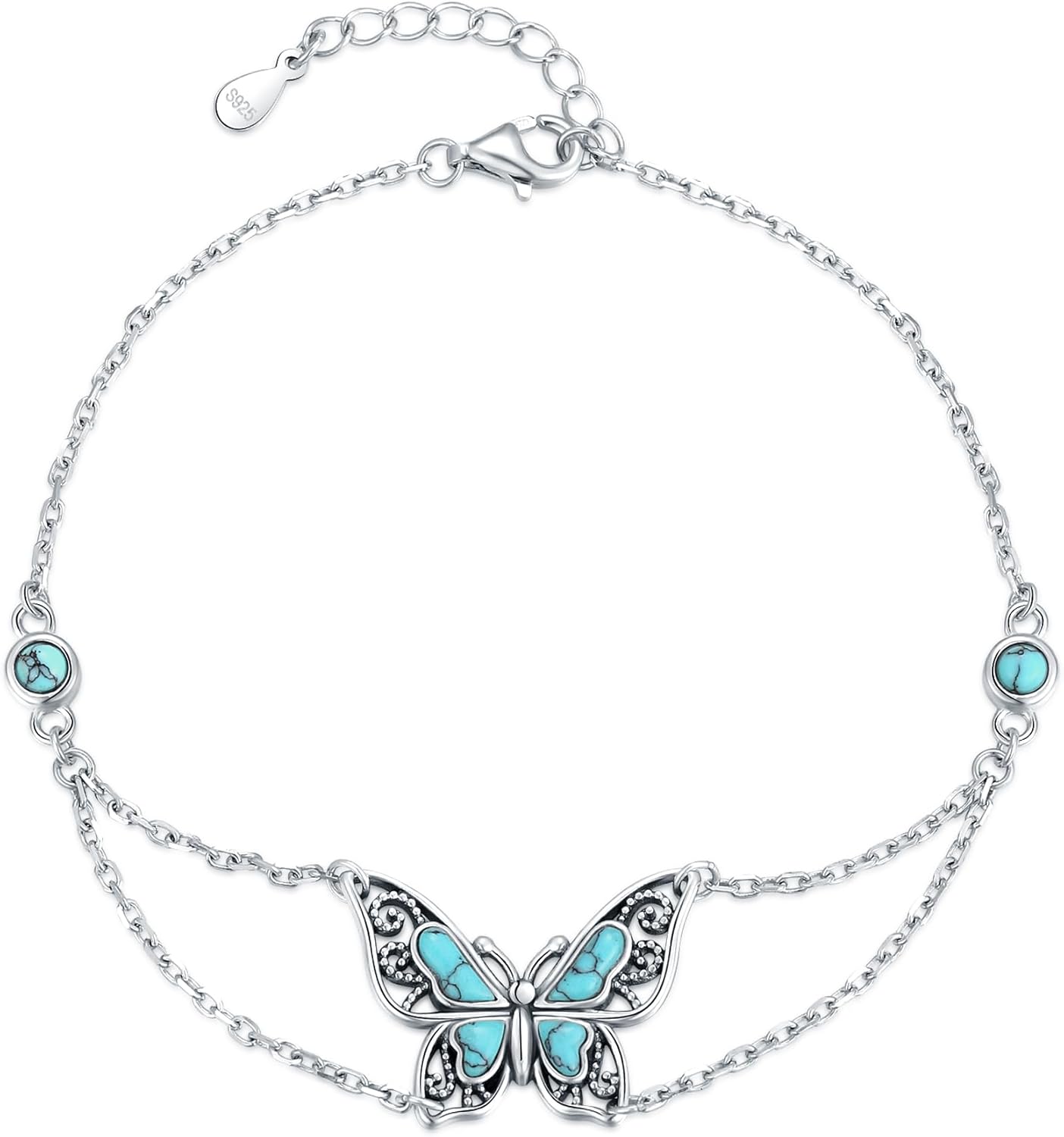 Silver Turquoise Butterfly Bracelet for Women - 925 Sterling Silver Vintage Turquoise Bracelets Gifts for Mom, Insect Bangle Jewelry for Her