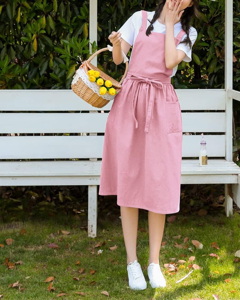 Cute Retro Cotton Linen X-Back Aprons Home Kitchen Garden Art Painting Pinafore Florist Shop Overalls image 2