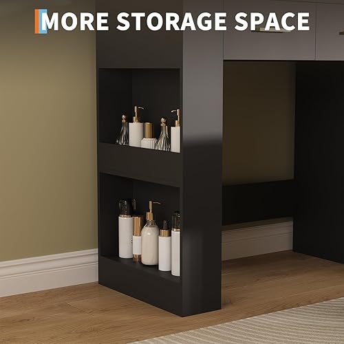 Vista 6 de Garvee Escritorio grande de tocador de 41 pulgadas con espejo de 10 bombillas y enchufes integrados, escritorio de maquillaje con 3 modos de Negro