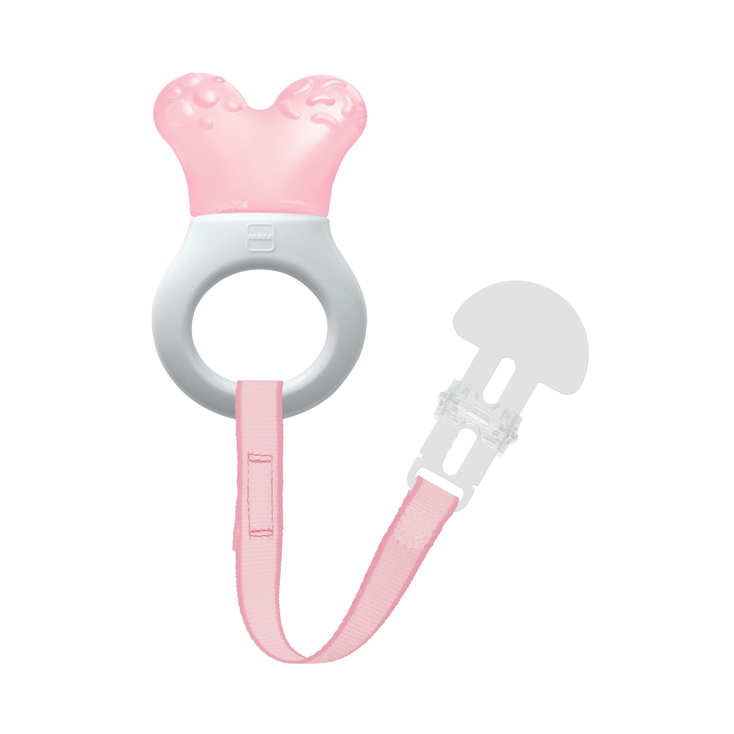 MAM Mini Cooler & Clip Dentaruolo, Massaggia gengive neonati 2+ mesi rinfrescante e lenitivo, Neonato accessori utili facili da afferrare, Con catenella portaciuccio in velcro e clip, Rosa