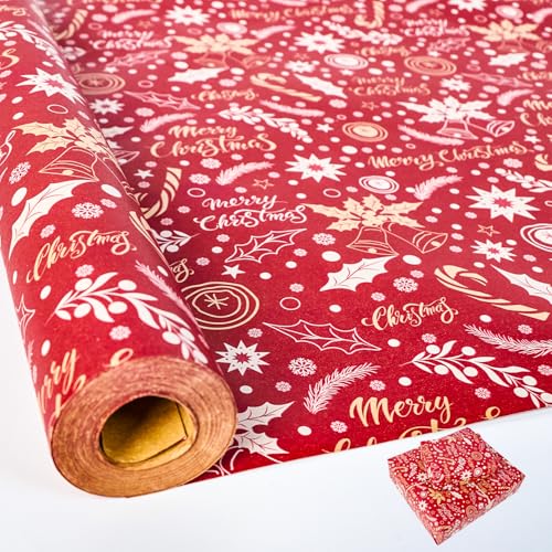 HBell Christmas Wrapping Paper Roll 43cm x 15m Red Christmas Wrapping Paper Xmas Kraft Wrapping paper for Xmas Gift Wrap New Year Festival Party Decorations