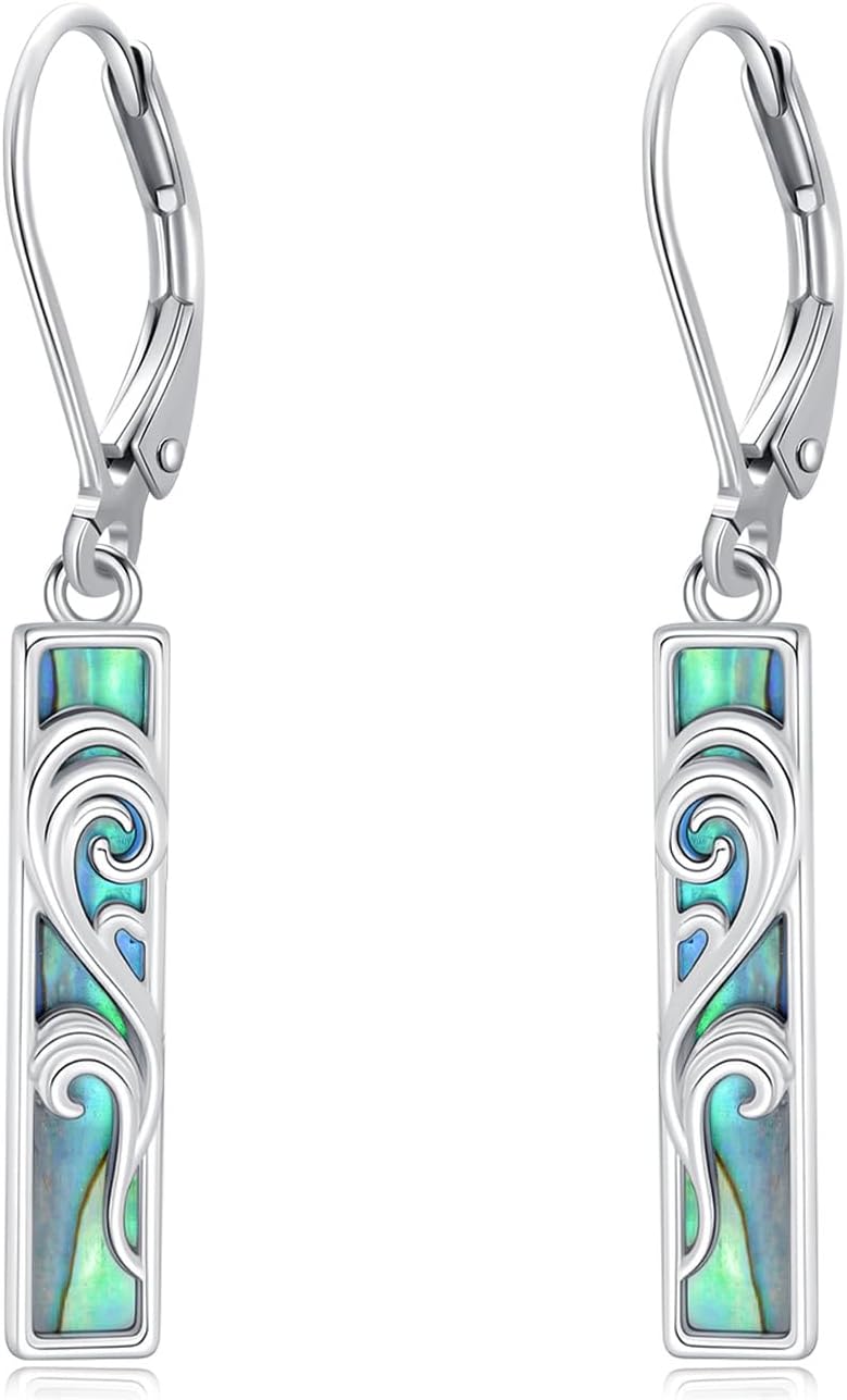 Wave Earrings 925 Sterling Silver Abalone Shell Bar Wave Dangle Earrings Ocean Jewelry Summer Beach Gifts for Women