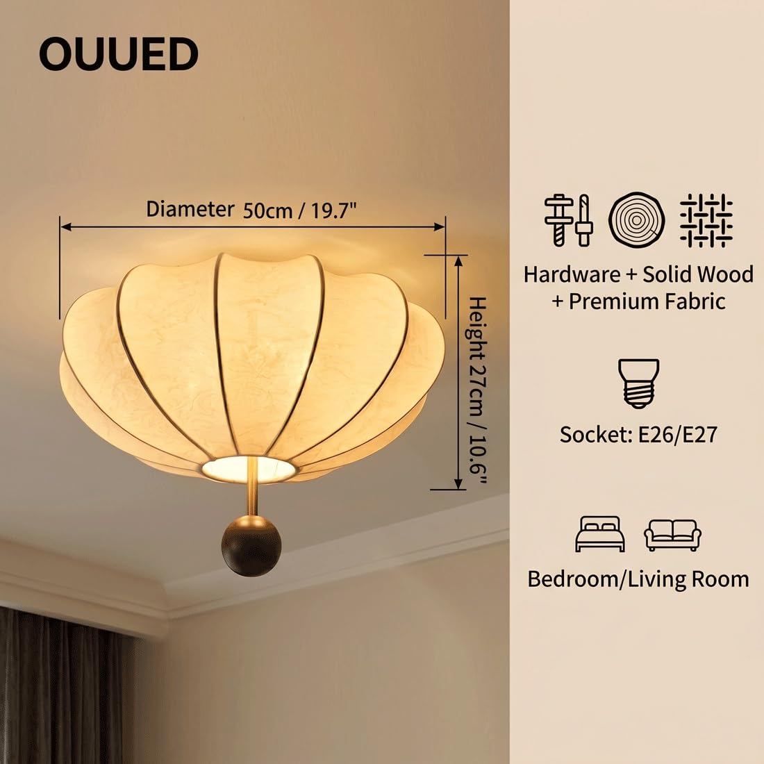 Francuska lampa sufitowa z tkaniny z połowy wieku, orientalna lampa podtynkowa Zen z dekoracją z litego drewna, oświetlenie w stylu art deco, do sypialni, salonu, gabinetu, przedszkola, przedpokoju
