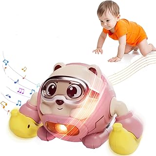 Newly Upgraded Rolling Baby Crawling Toys, Baby Musical Toys 360° Rolling Bouncing Tummy Time Toys Monkey Walking Moving Infants Learning Walking Toy Birthday Gifts for Toddler Boys & Girls (Pink)