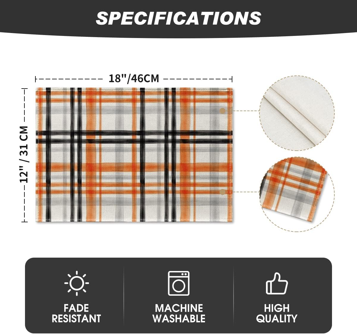 Artoid Mode Orange Black Buffalo Plaid Fall Placemats Set of 4, 12x18 Inch Halloween Seasonal Table Mats for Party Kitchen Dining Decoration