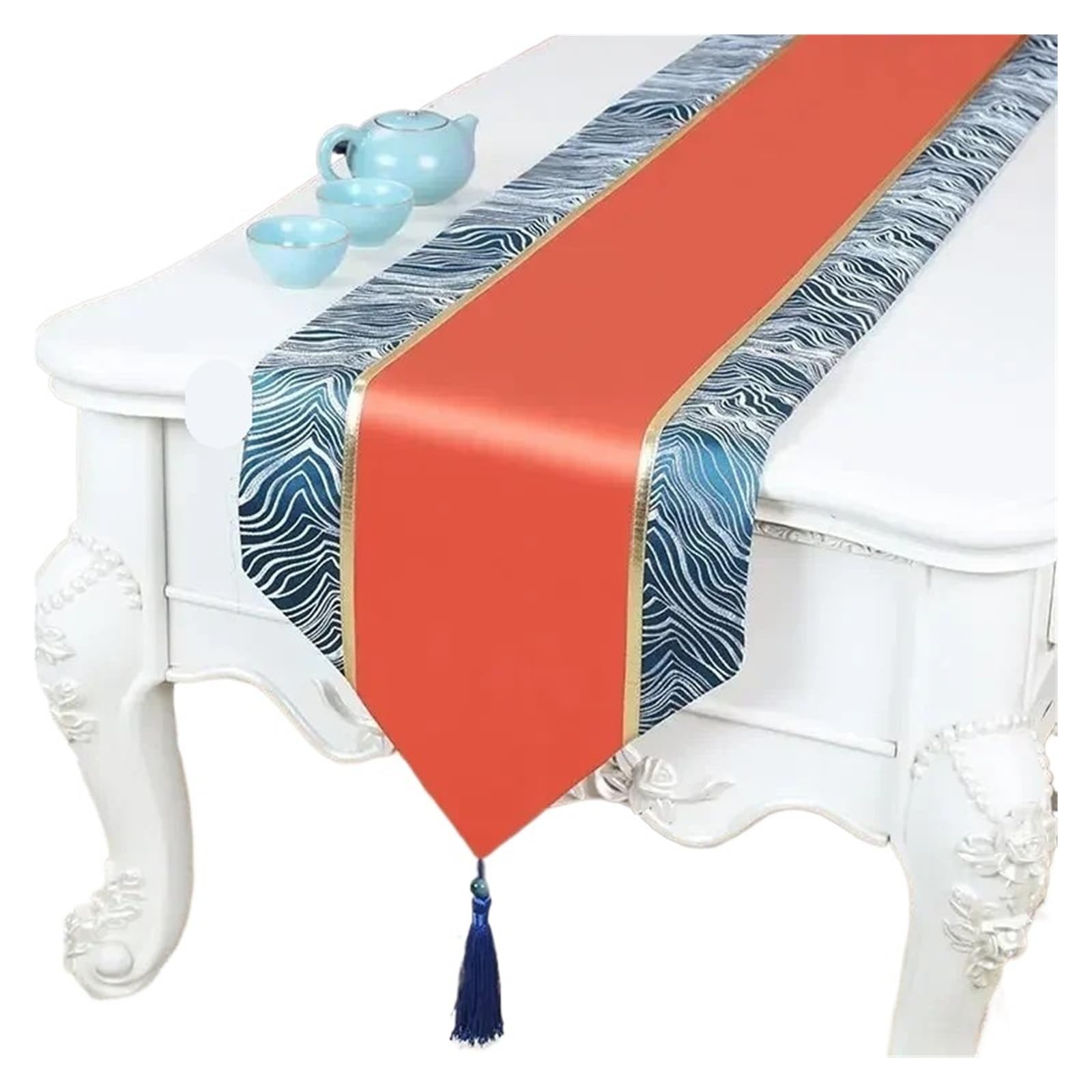 Satin Table Runners Golden Wave Pattern Table Flag European Satin Tassel Coffee Long Towel Cabinet Wedding Celebration Decorative Tablecloth(Color7,33x280cm 1pcs)