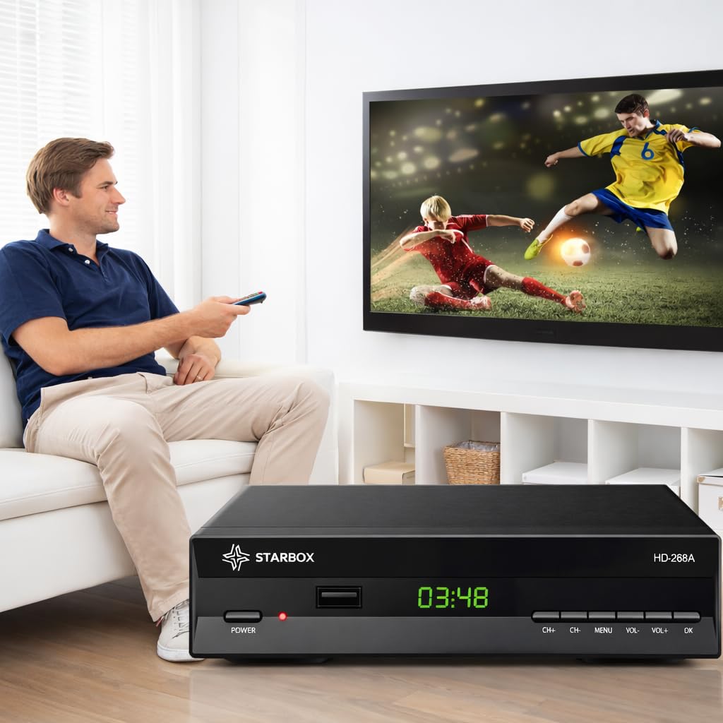 STARBOX HD-268A – Décodeur TNT DVB-T2 Full HD 1080p H.265 (HEVC), HDMI/USB/Péritel, Télécommande Universelle 2-en-1 – Antenne TNT Terrestre Uniquement (Non Compatible Satellite/Parabole)
