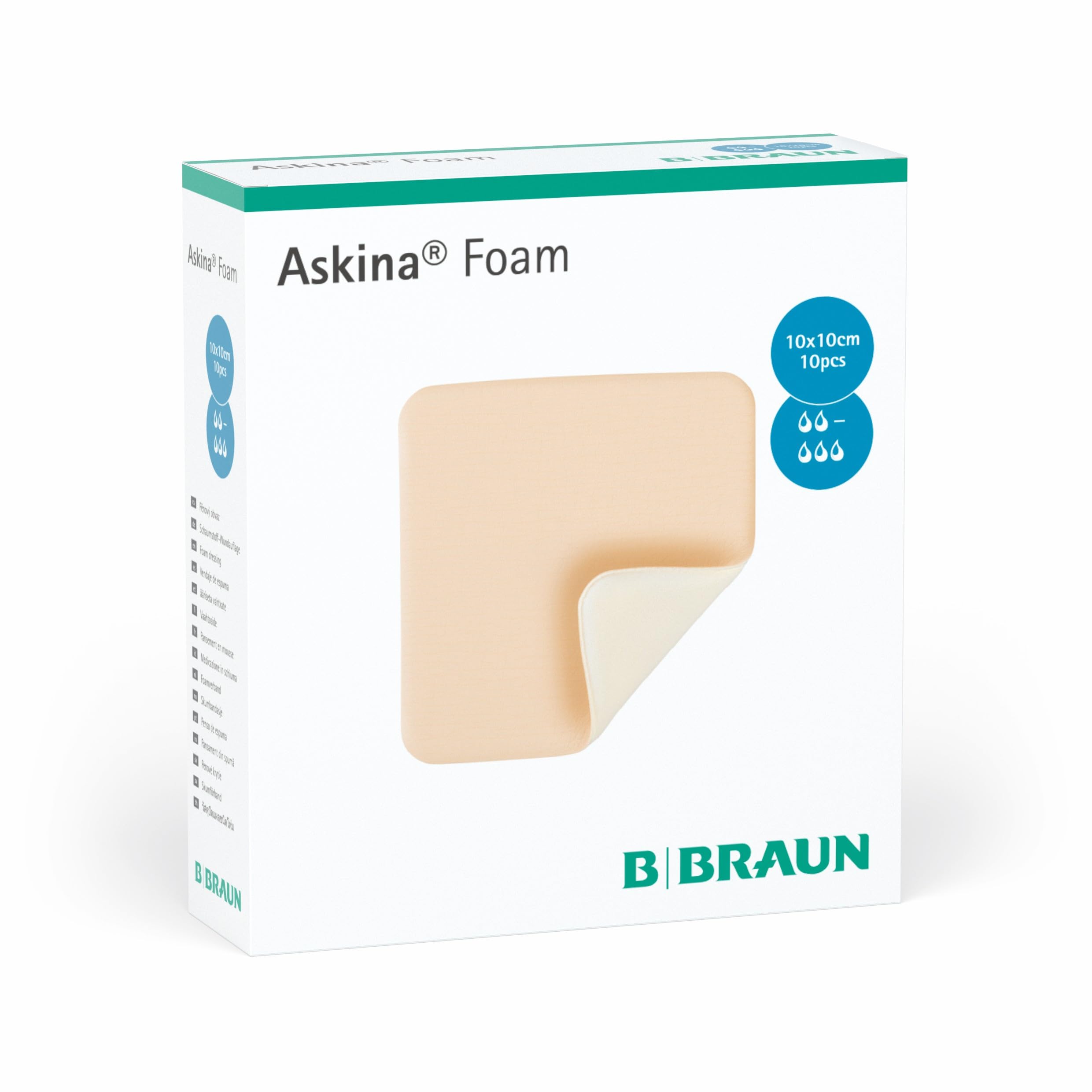 B BRAUN Askina Foam, opatrunek piankowy poliuretanowy, 10 x 10 cm, 10 sztuk, na rany o umiarkowanym do obfitym wysięku, nieklejący, podwójna warstwa
