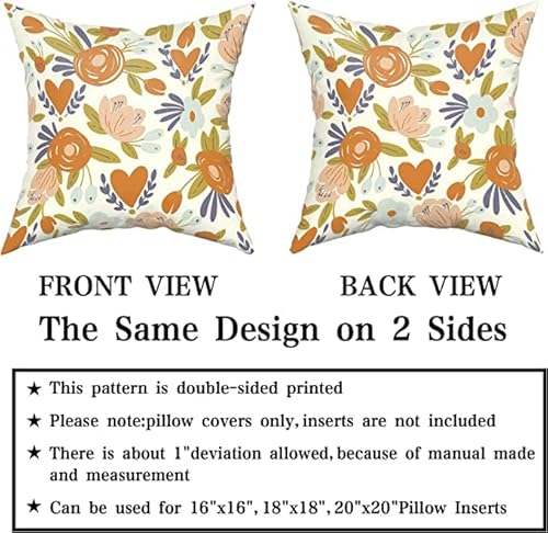 Flower Throw Pillow Covers 18X18 Inches Set Of 2, Watercolor Orange Floral Leaves Pillow Cushion Cases, Spring Summer Modern Farmhouse Decorative Square Pillowcases For Sofa Couch Bedroom Living Room #TOP3