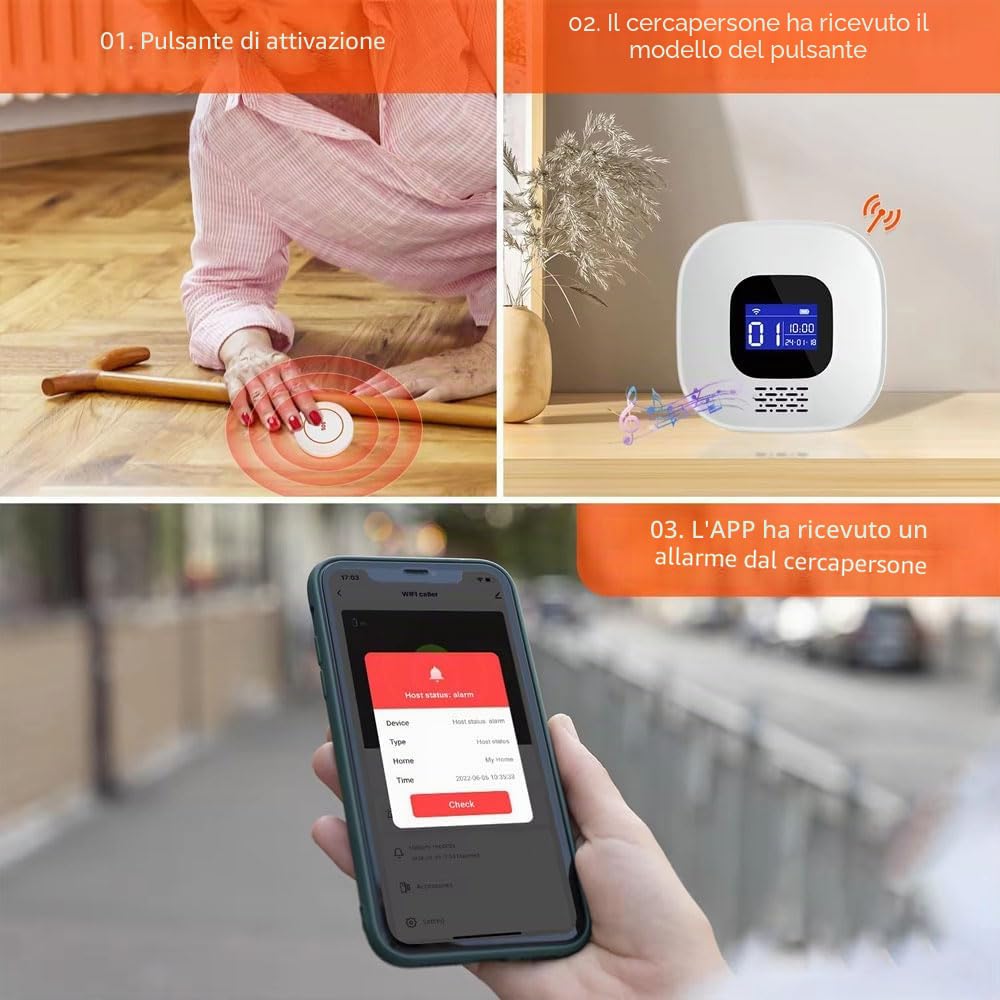 VOCA Smart WiFi Wireless SOS Pager, Pulsante di chiamata e Orologio – Pulsante di panico e Allarme di emergenza per anziani, pazienti e disabili | WiFi 2.4G | Include ricevitore, pulsante di chiamata