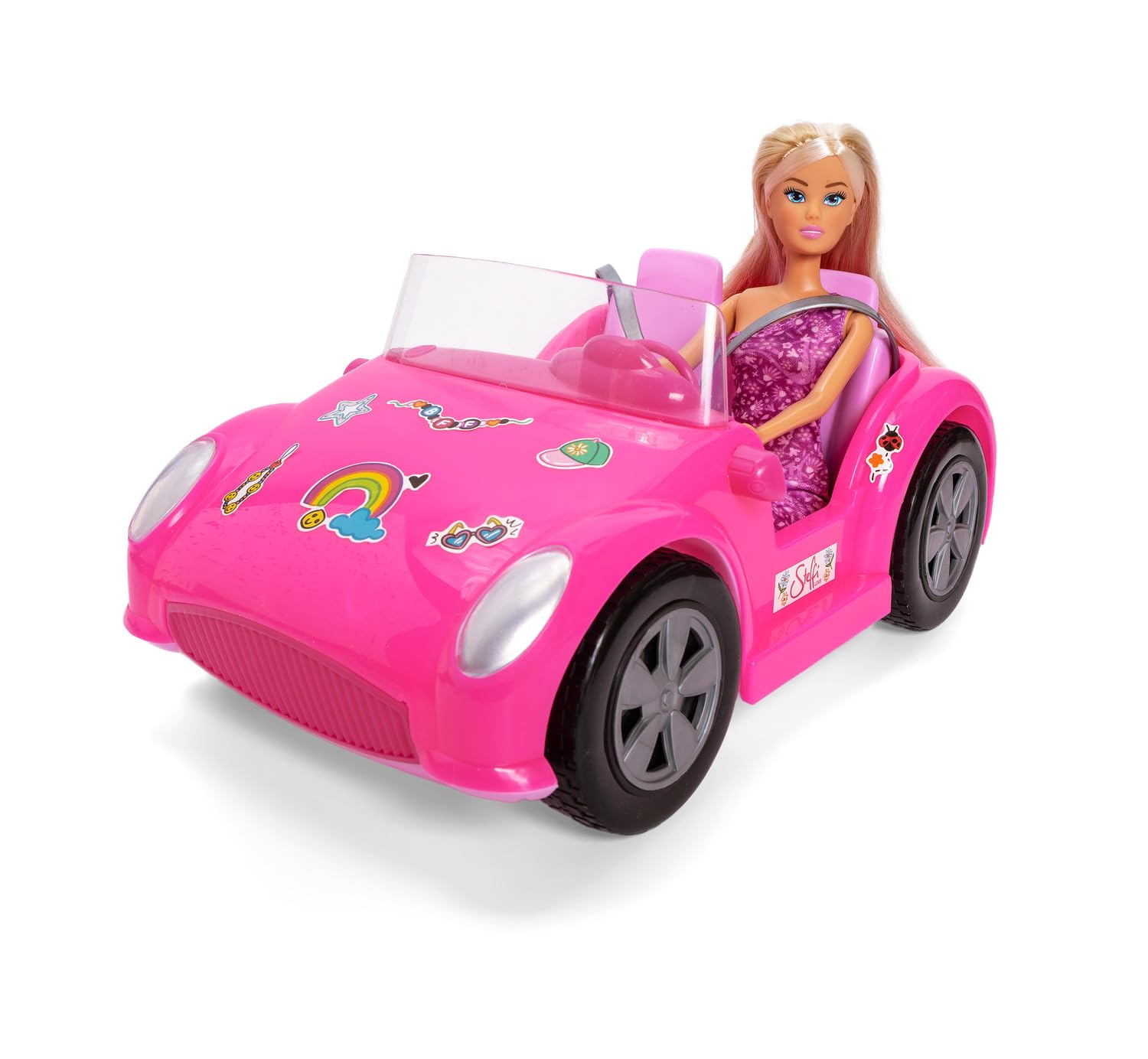 Simba Steffi Love Beach Car – Steffi im Strandbuggy mit Stickerbogen zum Dekorieren, Fahrzeug für Puppen bis 29 cm, Länge 29 cm, Puppenfahrzeug für Kinder ab 3 Jahren
