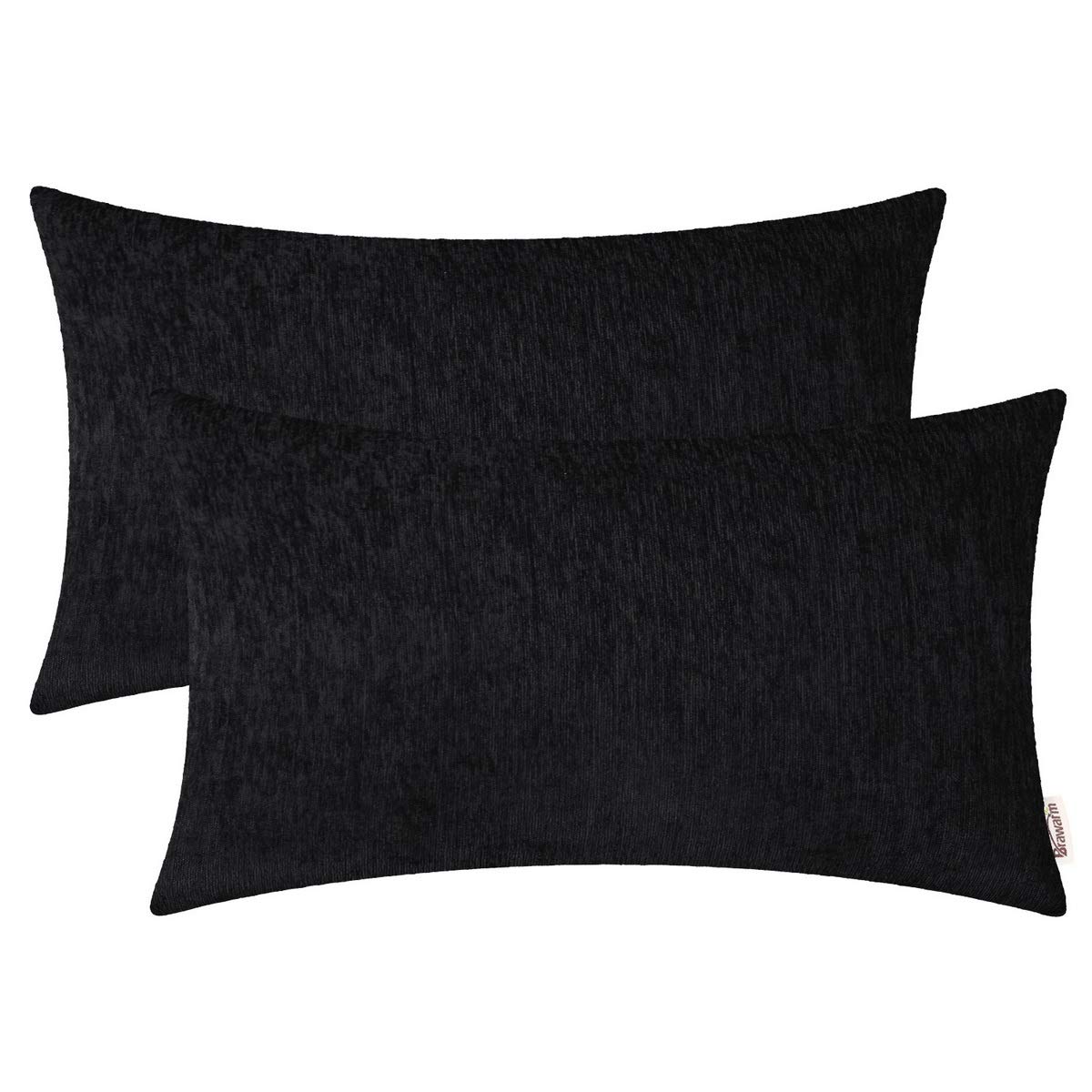 BRAWARM Throw Pillow Covers 12x20 Inches - Black Chenille Lumbar Pillow Covers Pack of 2, Solid Dyed Soft Chenille Pillow Cases for Couch Sofa Bed Home Decoration