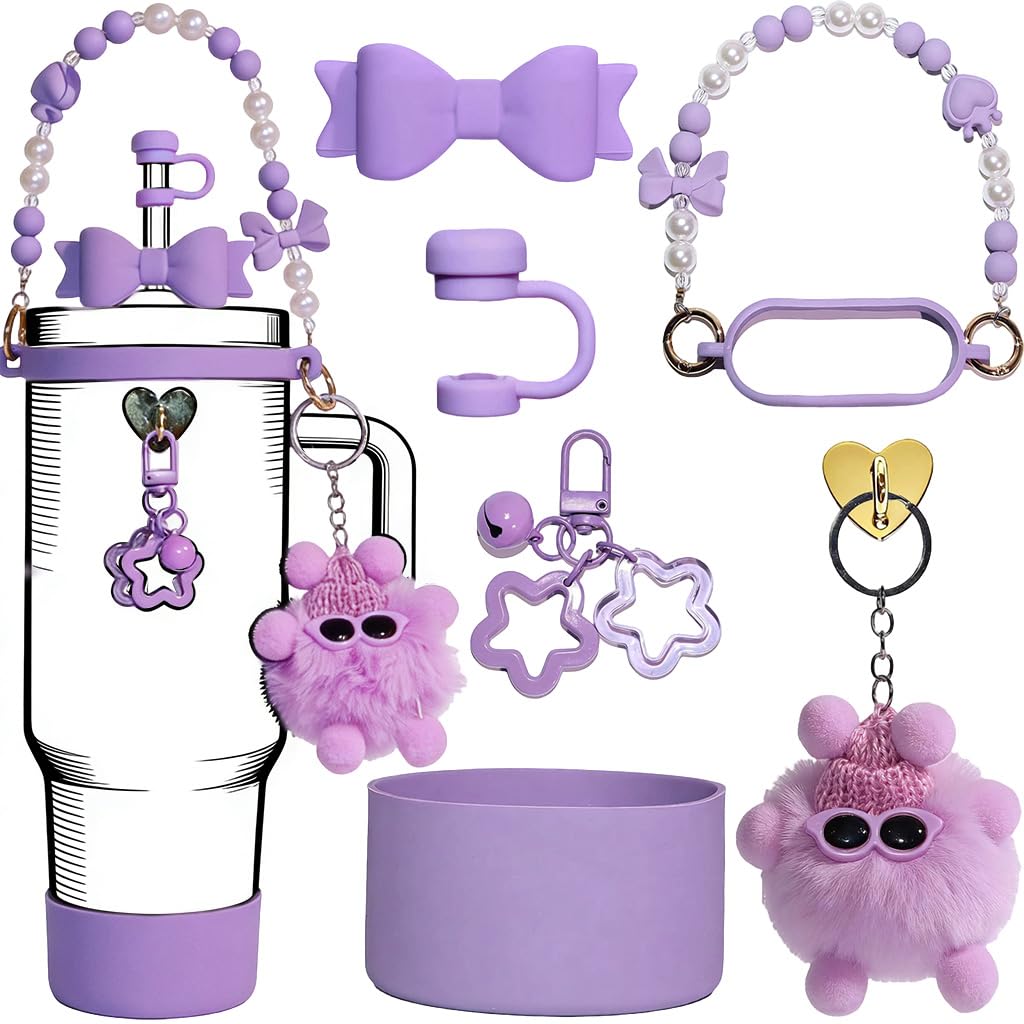 HASTHIP® Stanley Cup Accessories Set, 6Pcs Tumbler Cup Accessories with Sweet Bow Beaded Chain Handle, Purple Bow Straw Charm & Tip Cover, Soft Bottom Sleeve, Cute Plush Charm-image-39