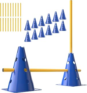 GHB Steckhürdenset Hobby Horsing 12 Kegel 18 Stangen, Agility Hürden Set Hunde, Fussball Trainingszubehör für Koordinationstraining mit Tragetasche