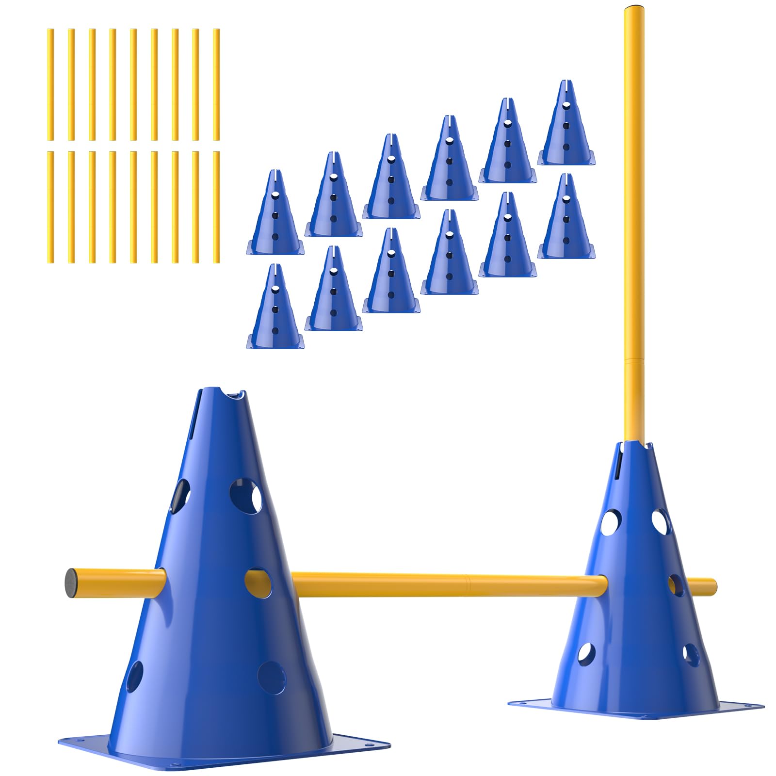 GHB Steckhürdenset Hobby Horsing 12 Kegel 18 Stangen, Agility Hürden Set Hunde, Fussball Trainingszubehör für Koordinationstraining mit Tragetasche