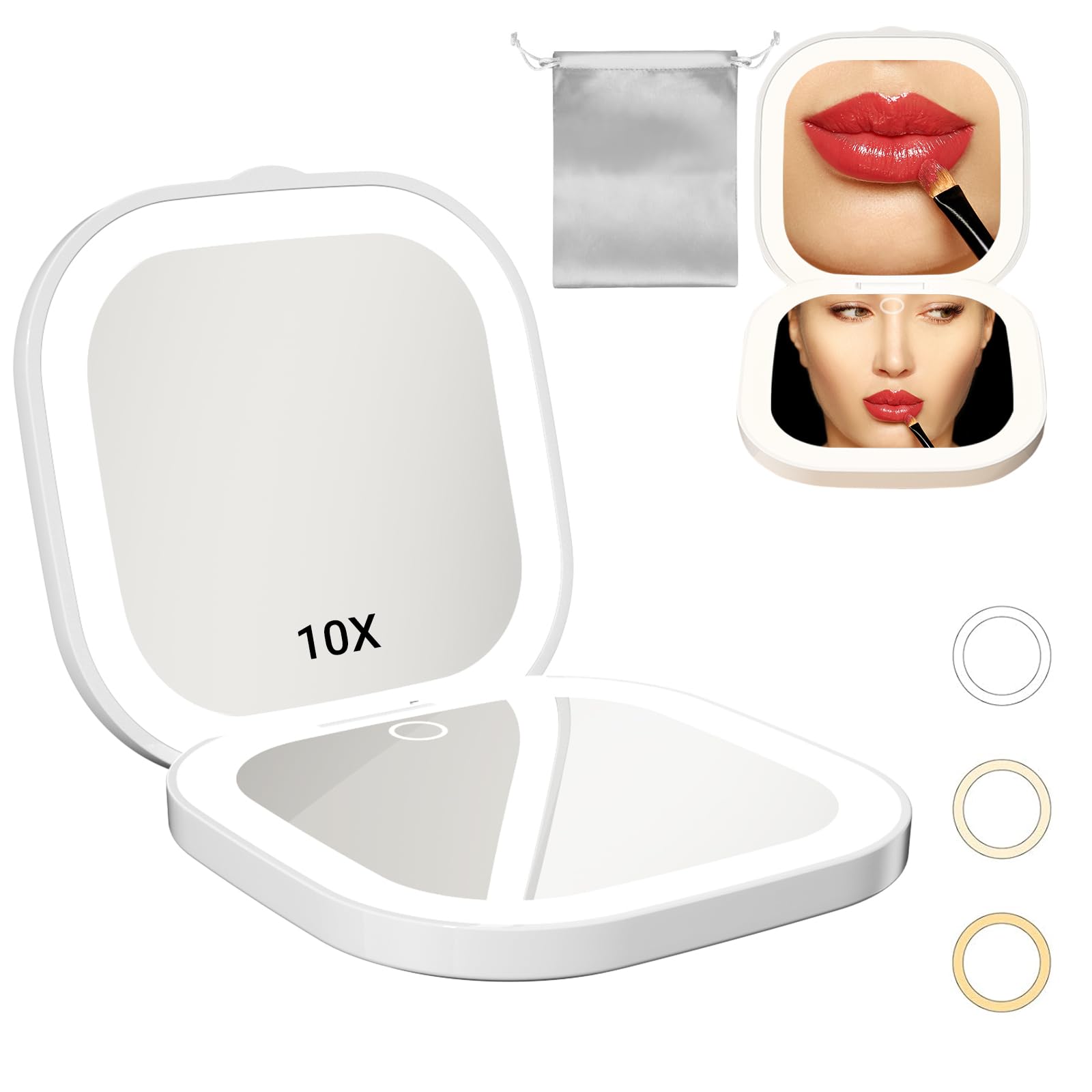HURKEYETravel Makeup Mirror with Lights, Rechargeable Magnification 1X/10X, Folding Portable Small Travel Mirror LED Compact Mirror with 3 Light Colors & Adjustable Brightness