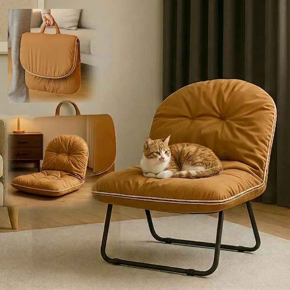 3 in 1 Cadeira Poltrona de piso dobrável portátil, Cadeira confortável de piso para sala de estar, quarto, pátio, camping, exterior (Cor Bege Claro)