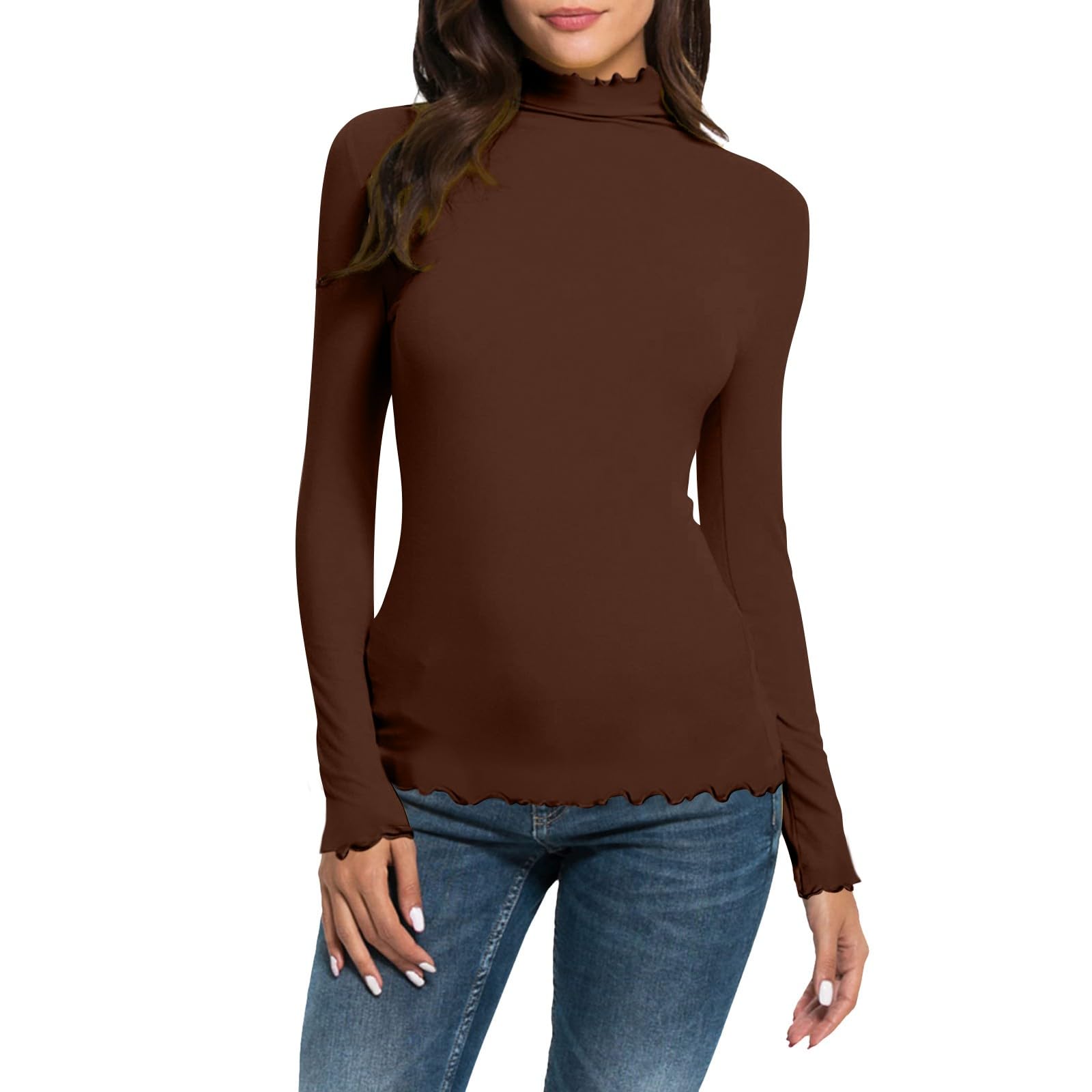 Camisetas térmicas para mujer, color marrón, camisetas de manga larga para mujer, camisetas básicas de cuello alto para mujer, camisetas de invierno de manga larga, camisetas elásticas para salir,