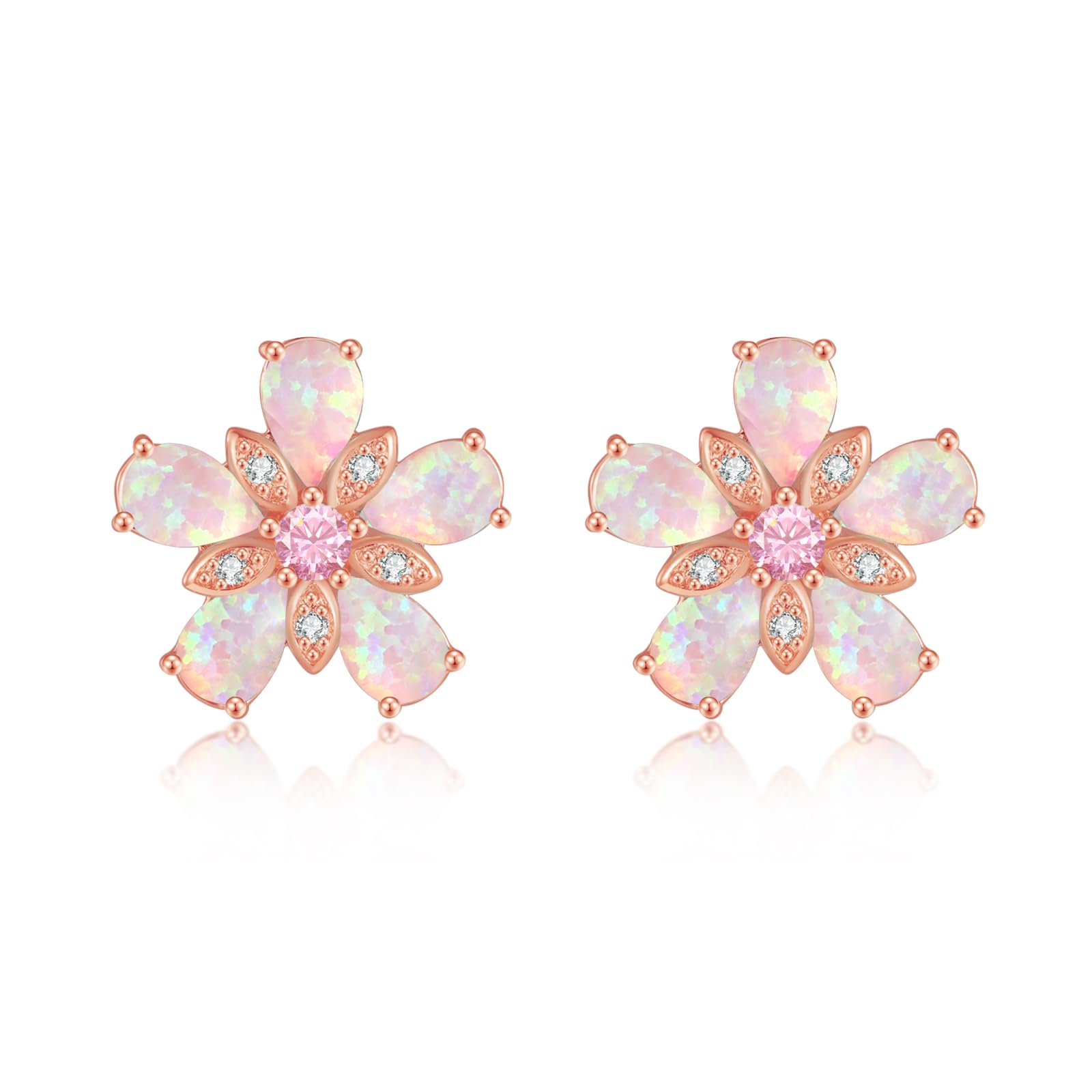 CiNily Womens Flower Earrings Studs Dainty Fire Opal Studs 14K White Gold Plated Lightweight Cubic Zirconia Stud Earrings