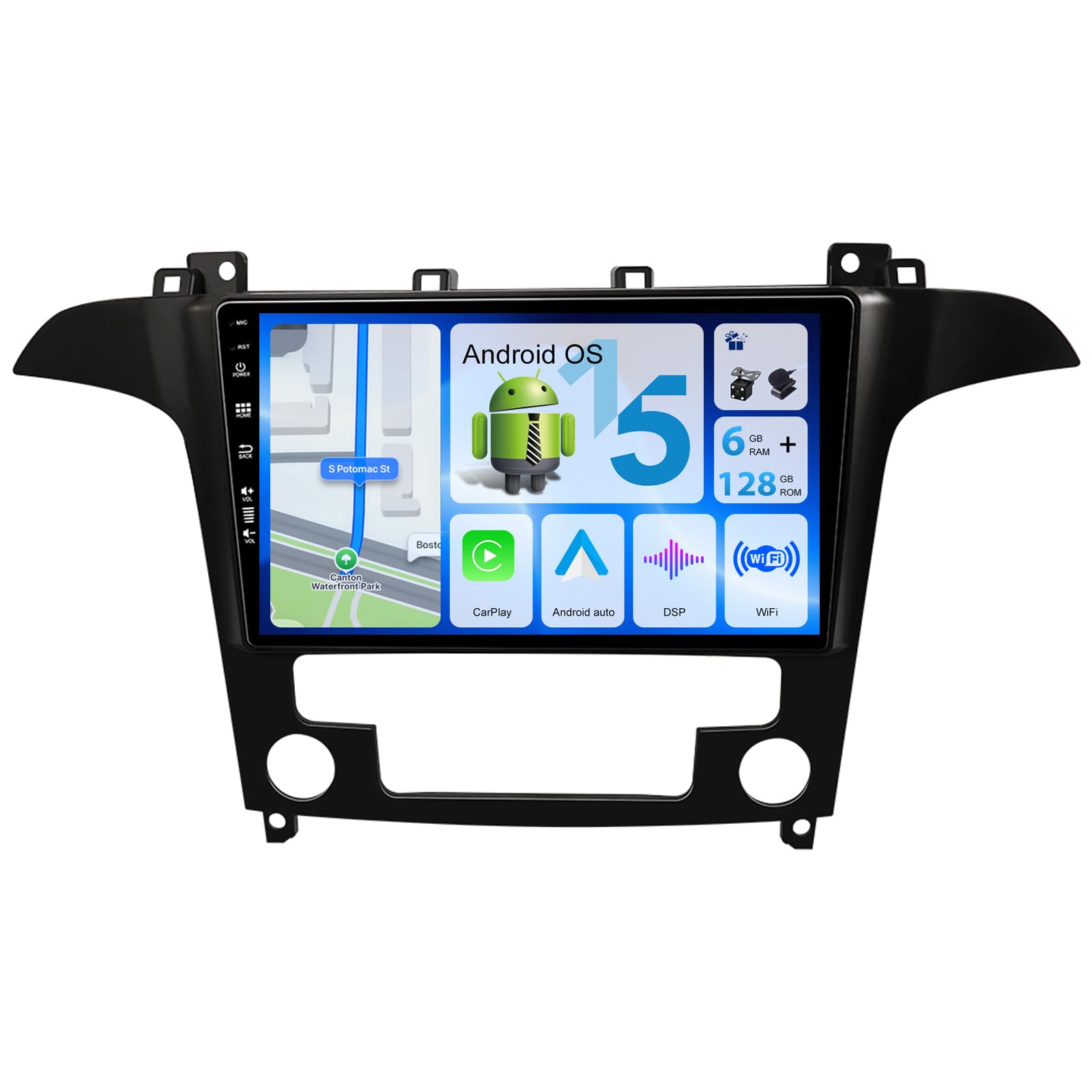 Radio de Coche para Ford S-MAX 2007-2015 Pantalla táctil IPS de 9 Pulgadas [6G+128G] - Android 15 Carplay/Android Auto/DSP - Cámar+Mic - 2 DIN 8 Core -RDS FM BT SWC WiFi Dab