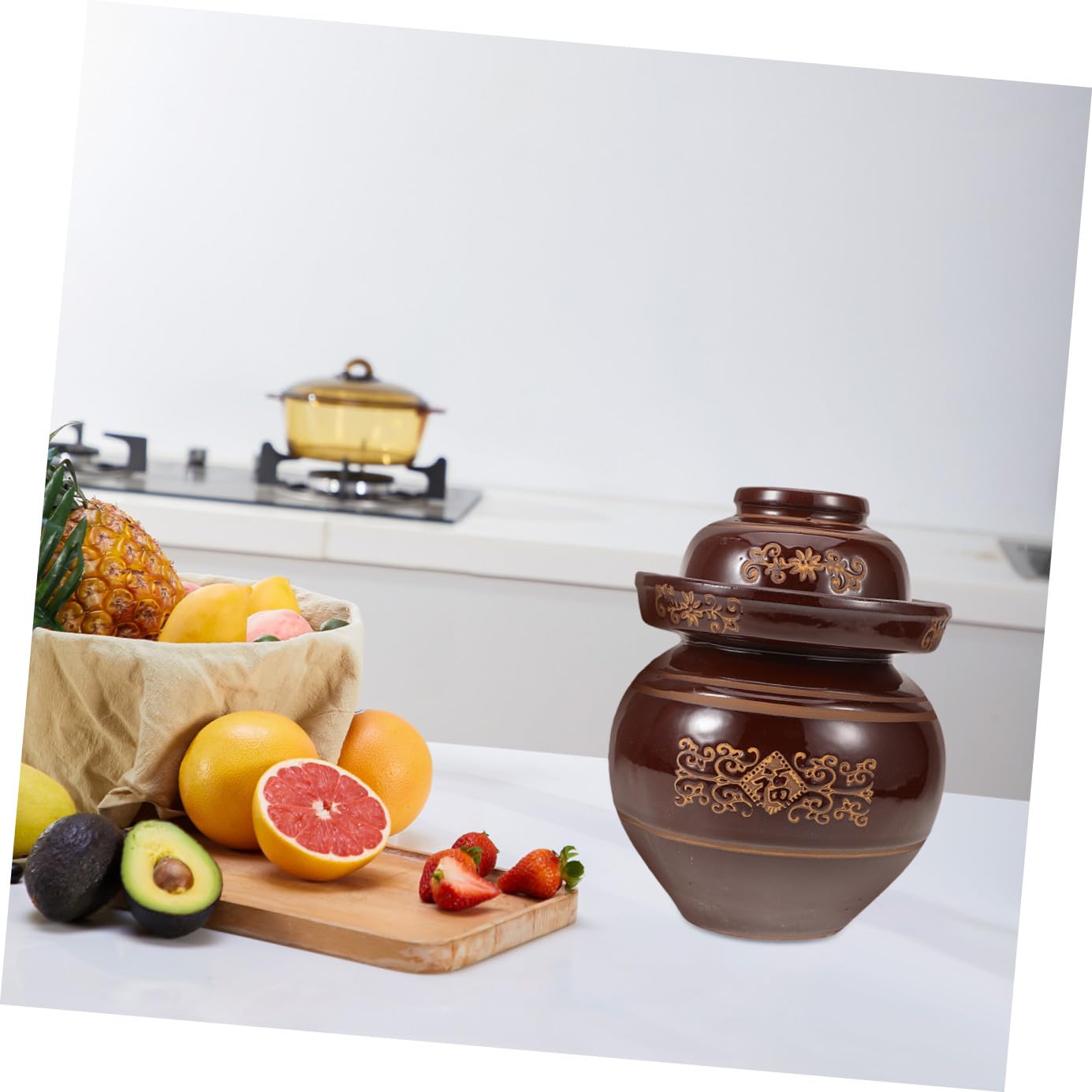 Veemoon Bocal à Cornichons Traditionnel en Faïence, 1 Set, Capacité Env 2kg, Marron, Cuisine et Hôtel, sans Bavures, Facile à Déplacer