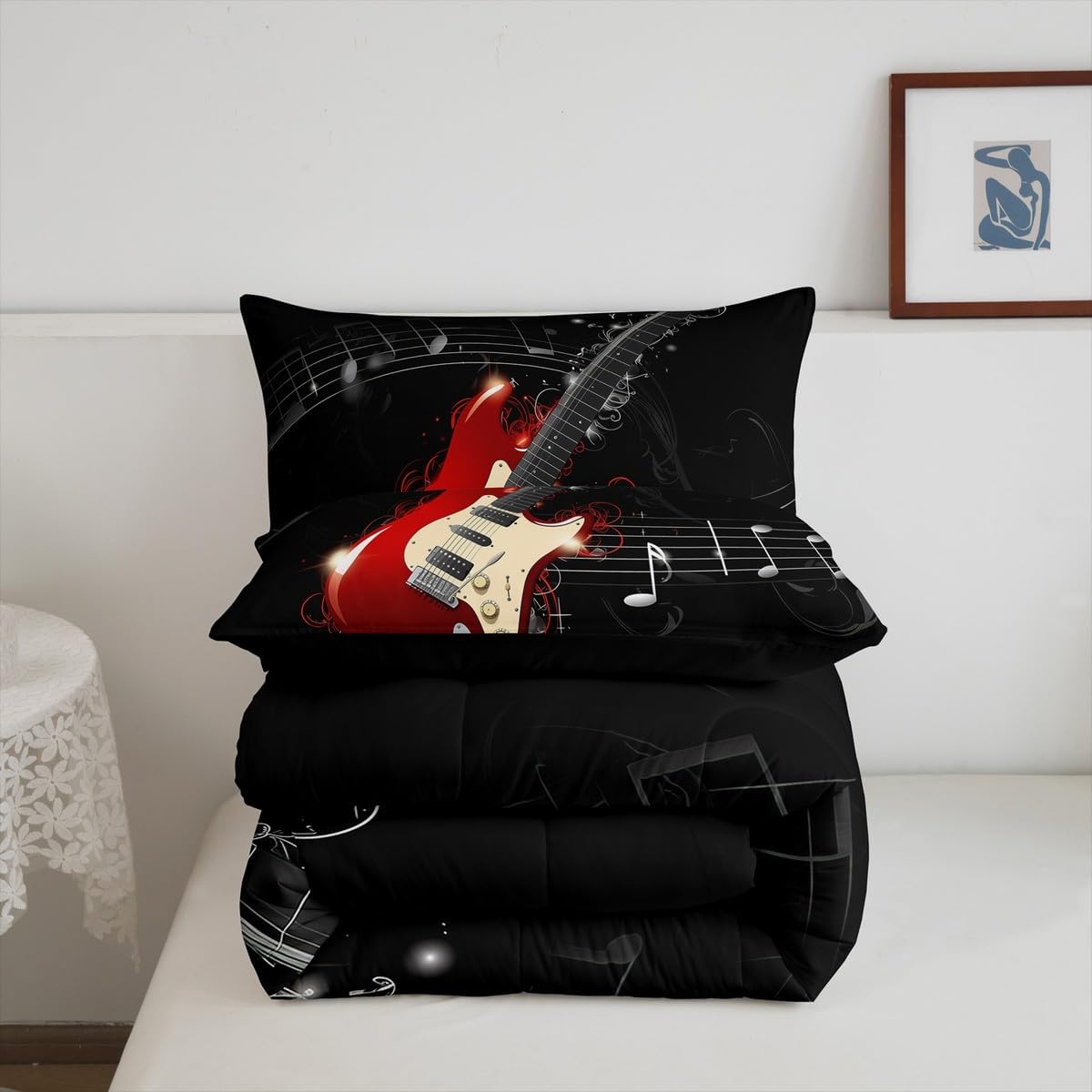 Erosebridal Guitar Comforter Set, Teens Musical Note Duvet Sets Queen Size, Music Themed Hip Hop Bedding Set for Kids Boys Youth Adult, Black Lightweight Luxury Down Comforter with 2 Pillow Cases