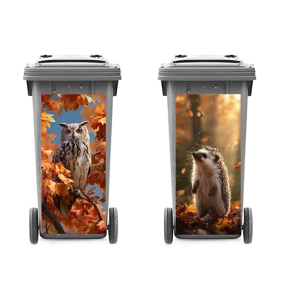 2 PC Trash Can Sticker 14.57 × 32.28 Inch Autumn Forest Animal Design Vinyl Sticker with Hedgehog Owl and Leaf Pattern for Outdoor Garbage Bin Garden Yard Driveway Home Decor