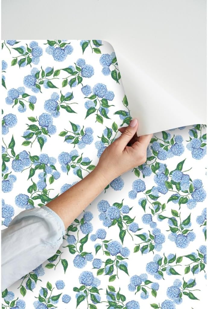 Peel & Stick Wallpaper 3ft x 2ft - Hydrangea Floral,Blue Green Botanical,Garden Bloom,Meadow,Hamptons,grandmillennial Custom Removable Wallpaper by Spoonflower