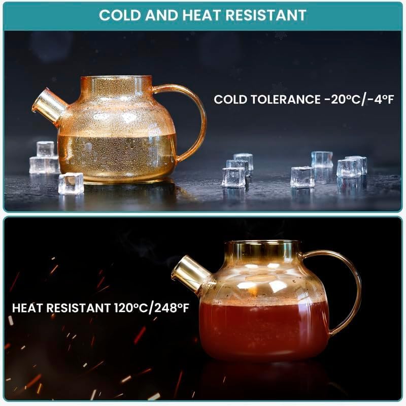 Image of Glass Tea Pot 1000ml with Wooden Lid & Stainless Steel Infuser | Golden Transparent Tea Kettle for Loose Leaf, Green, Herbal & Black Tea | Heat Resistant Teapot