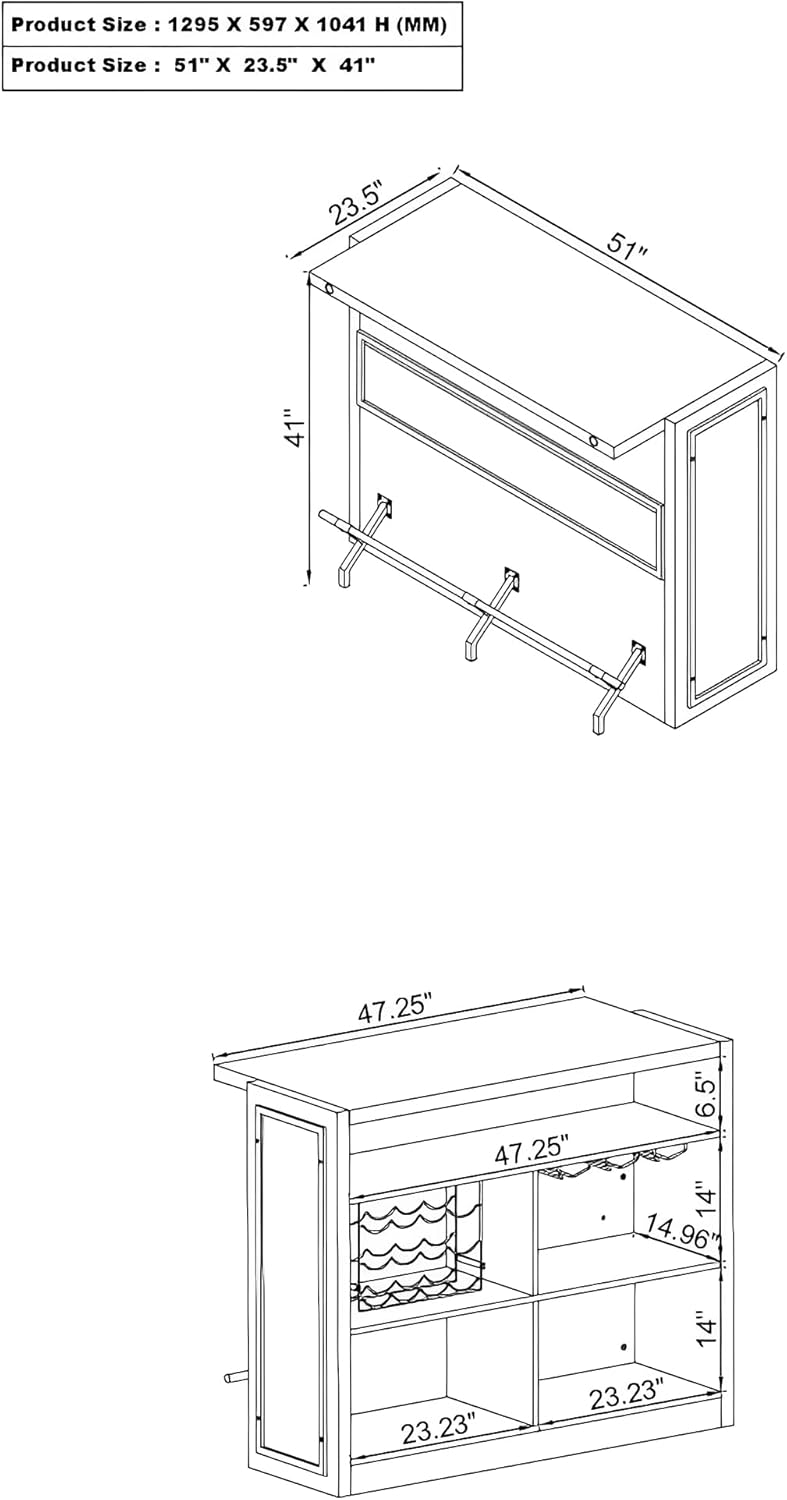 CARTESIAN Modern Home Bar Cabinet with Wine Storage, Rustic Gray Wood, Metal Footrest, Stemware Rack, 5 Shelves