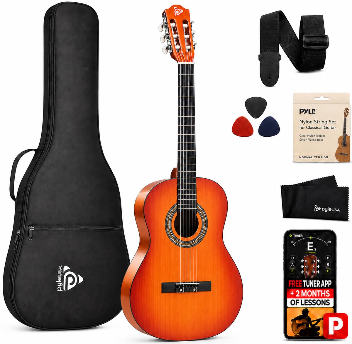 Pyle Gitara Akustyczna Klasyczna 36” Dla Początkujących - 6-Strunowa 3/4 Junior, Ręcznie Robiona Z Pokrowcem, Stroikiem, Nylonowymi Strunami, Piórkami, Paskiem (Cherry Sunburst)