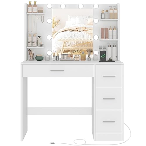 TEENFON Makeup Vanity with Mirror, Vanity Desk with 10 Lights, 3 Color Modes & Adjustable Brightness, Dressing Table with 4 Drawers, White - White with 4 drawers