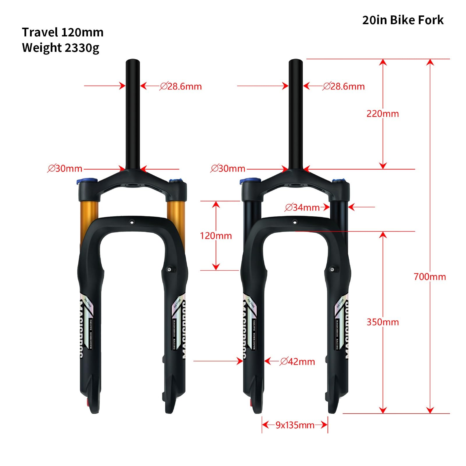 Forcella Ammortizzata per Fat Bike 20/26x4,0 MTB Forcella Anteriore Ad Aria Tubo Diritto da 1-1/8'' QR Freno A Disco Escursione 100mm Regolazione del Ritorno(Black,20in)