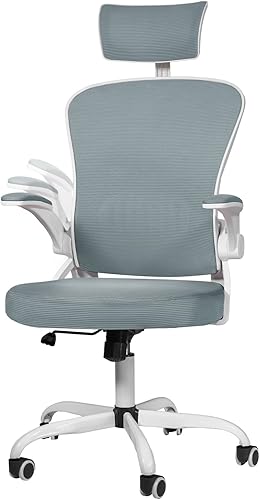 DualThunder Sillas de escritorio con ruedas, silla de oficina ergonómica de malla, soporte de respaldo, brazos abatibles y reposacabezas para