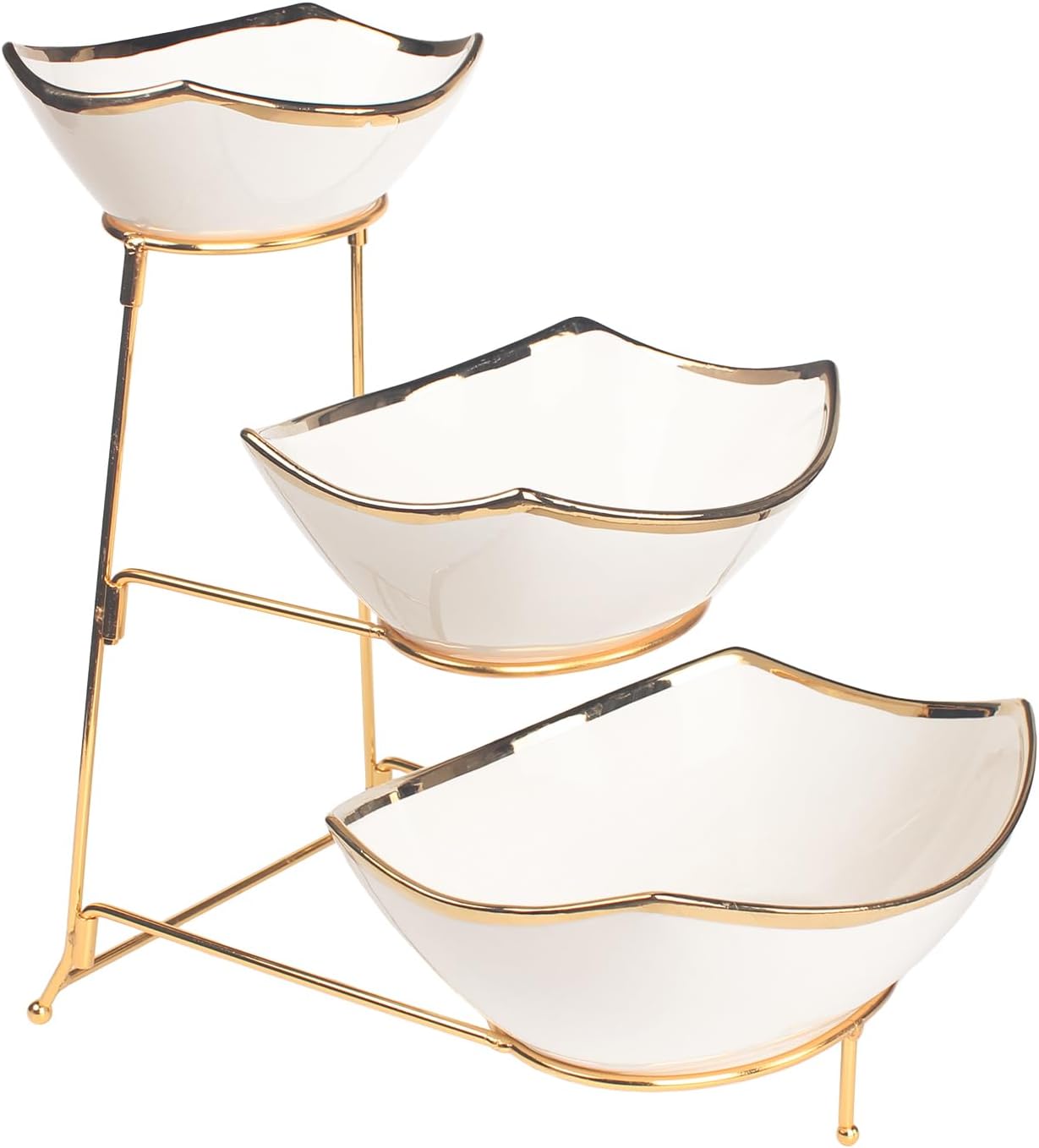 3-Tier Serving Rack with Ceramic Serving Bowls, Foldable Gold Stand with 3 Pieces 7.1"+8.5"+10.2" Gold Rim Large Bowls, Bowl for Food Display, Fruit, Dessert Server Display and Entertaining