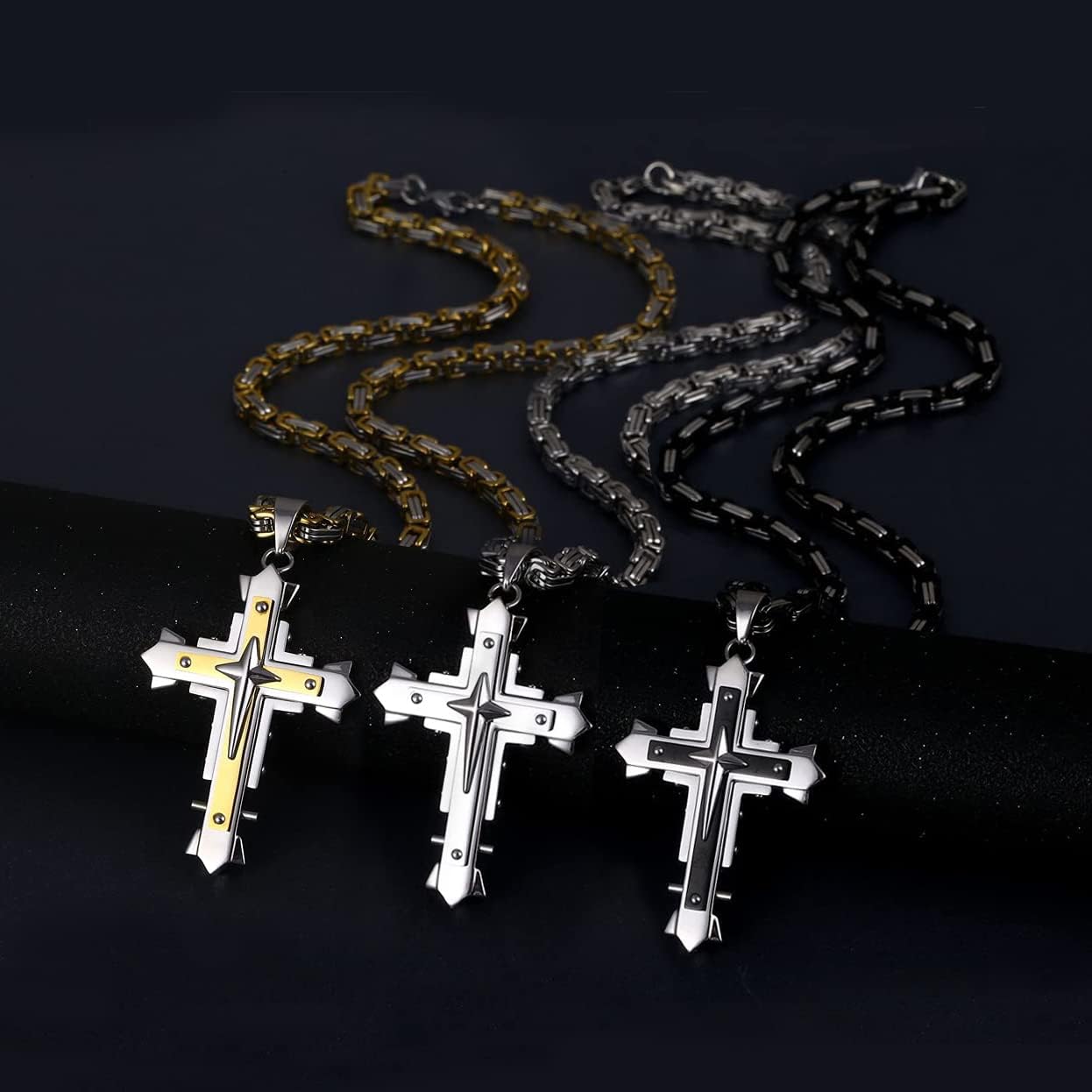 Stainless Steel Large Jesus Christ Cross Pendant Necklace Religious Jewelry For Men,On 24 In Rolo/Byzantine Chain,Silver/Gold/Black - Image 6