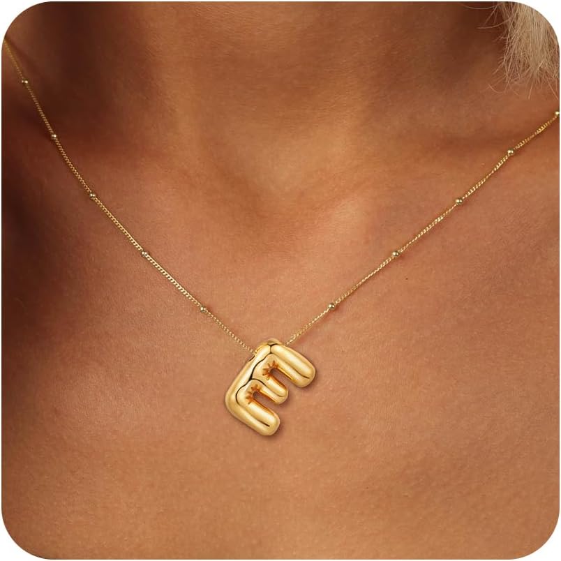 BAYLAY Bubble Letter Necklace Gold, 18K Gold Plated Balloon Letter Initial Necklace Dainty A-Z Pendant Bubble Necklace Gold Bubble Letter Necklace for Women Jewelry