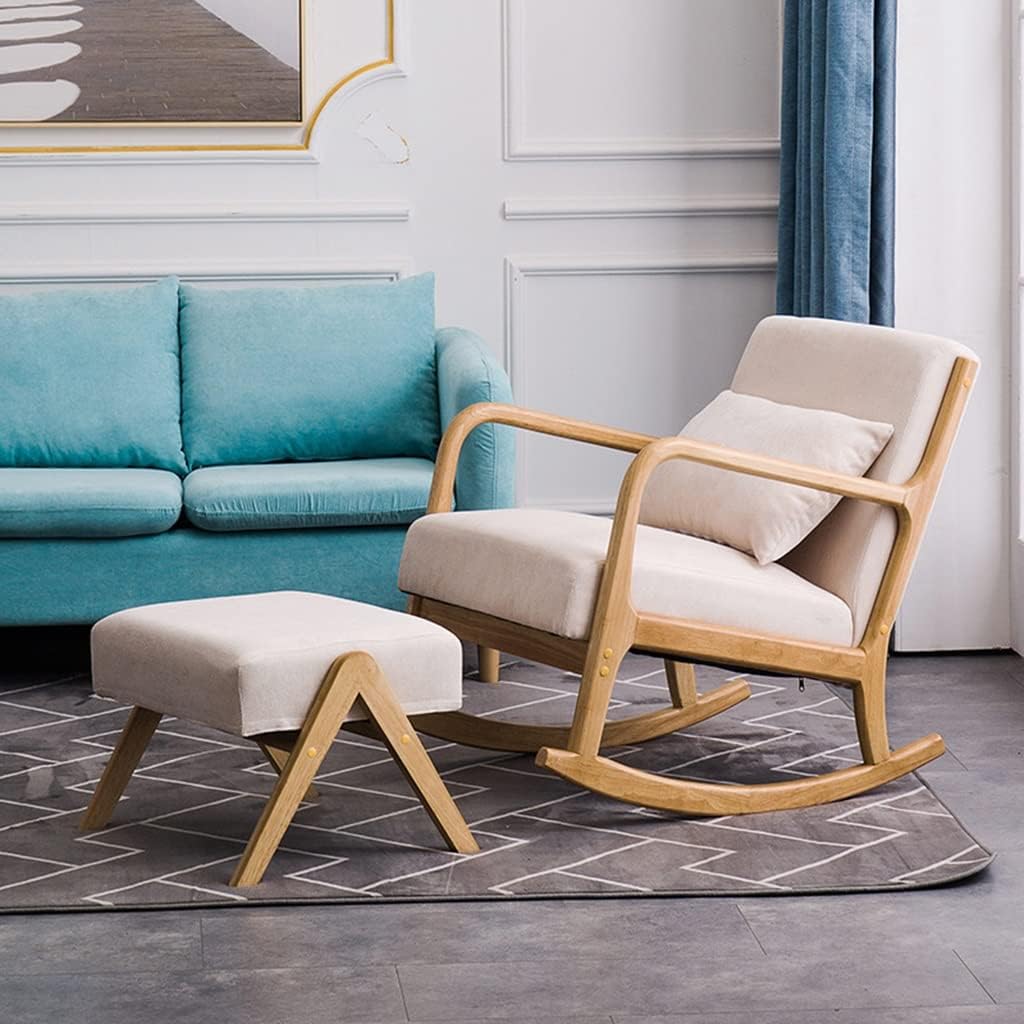 Sofa Nursery Rocking Chairs, Recliner, Wooden Armchair, Mid-Century Nursery Rocking Armchair, for Home Living Room Leisure Sofa Rocking Chair (Dark Blue 82.5cm*66cm*71cm)