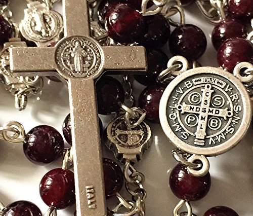 elegantmedical HANDMADE Catholic St. Benedict GARNET GEMSTONE Bead 5 DECADE Rosary Necklace Cross BOX product thumbnail 3