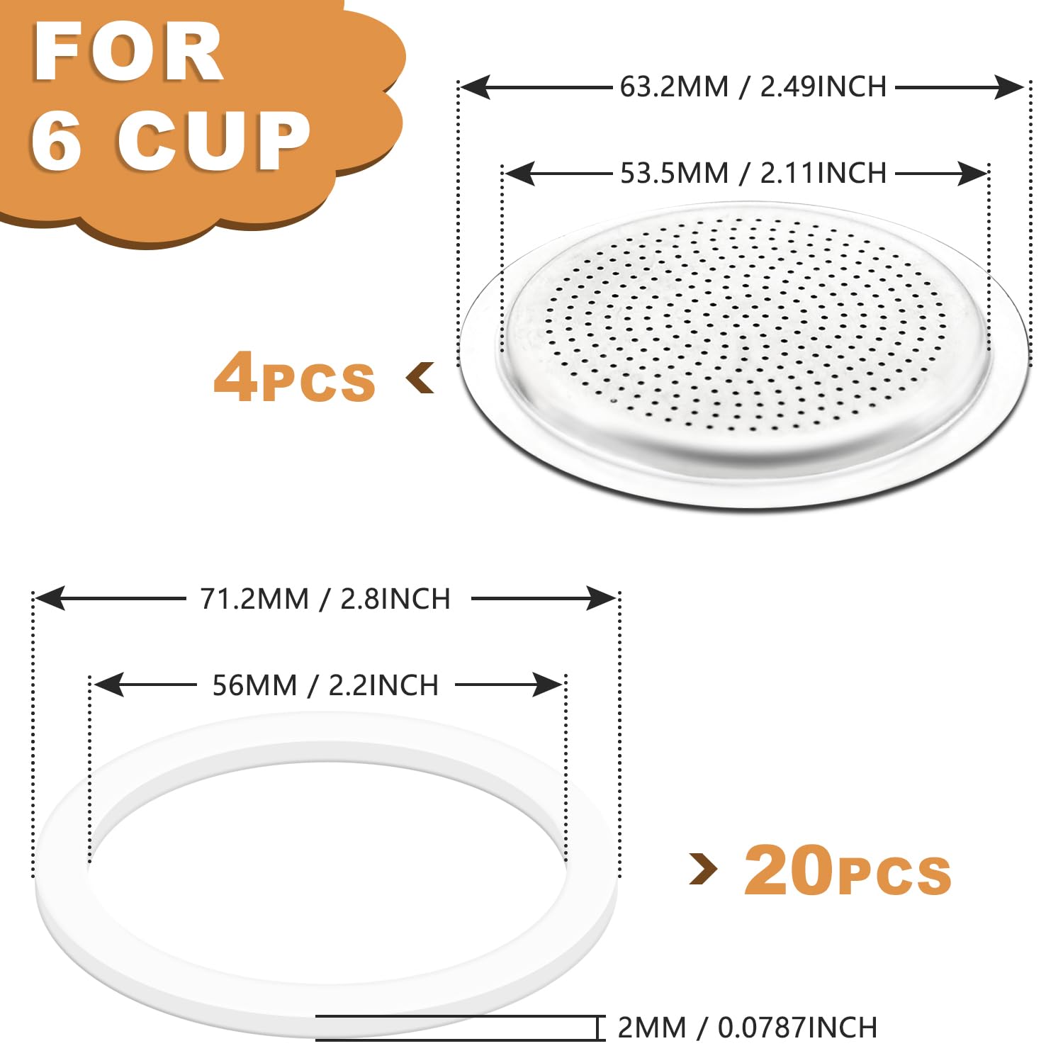 20PCS Silicone Gaskets Seal Ring with 4 PCS Stainless Steel Filter Basket Includes?Spare Food Grade Silicone Sealing Rings for Aluminium Stovetop Coffee Maker Pots -6Cup