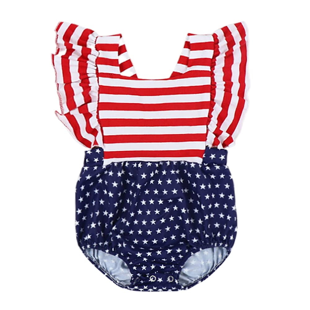 Ptomurs 4th of July Baby Girl Outfits Stars Stripe Print Rompers Ruffled Bodysuit USA Flag Clothes