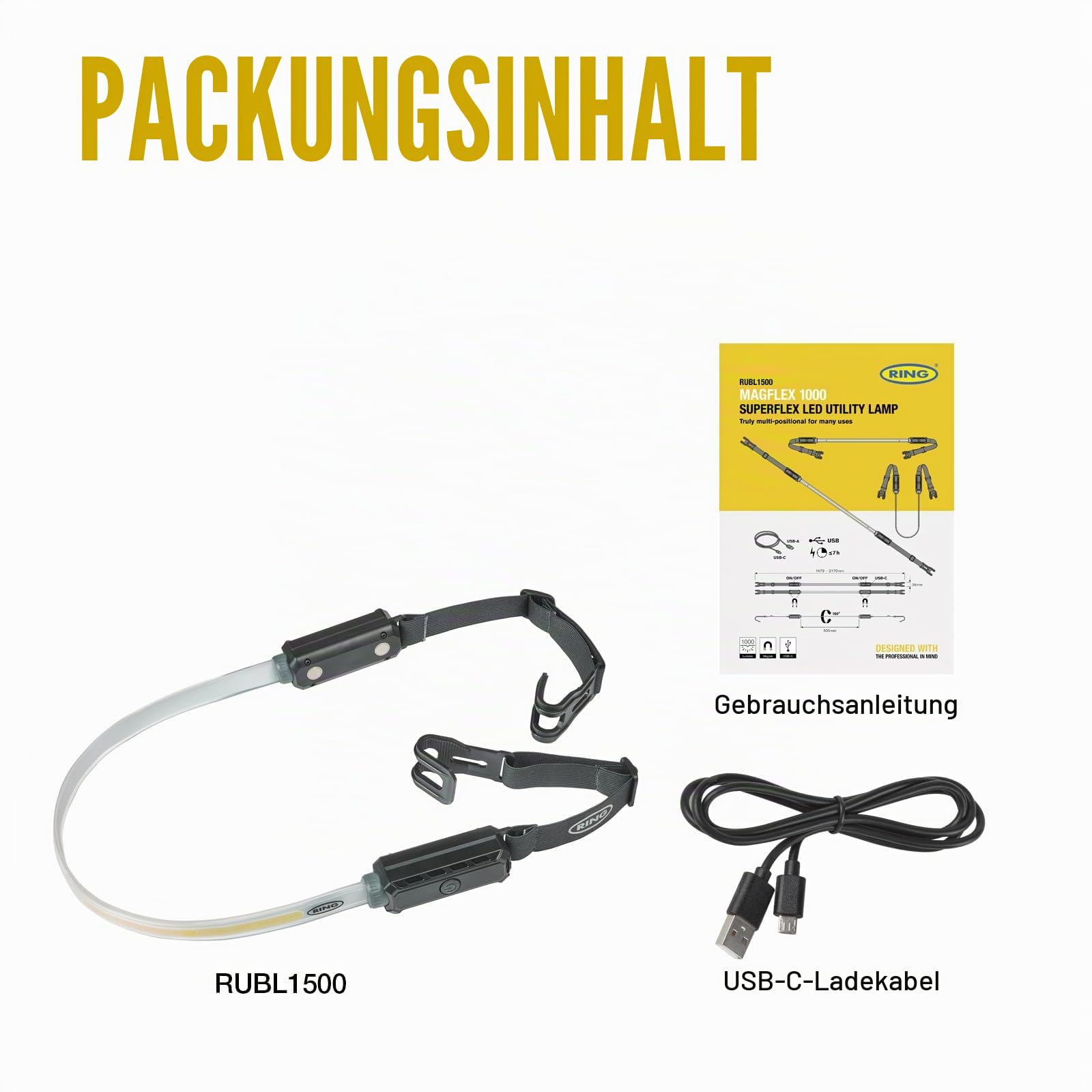 Ring Automotive RUBL1500 Wiederaufladbare 1000 Lumen Flexible Arbeitsleuchte unter der Motorhaube mit magnetischer Halterung, USB-C Laden, 3 Lichtmodi, Notfall-Blitzmodus, Schwarz