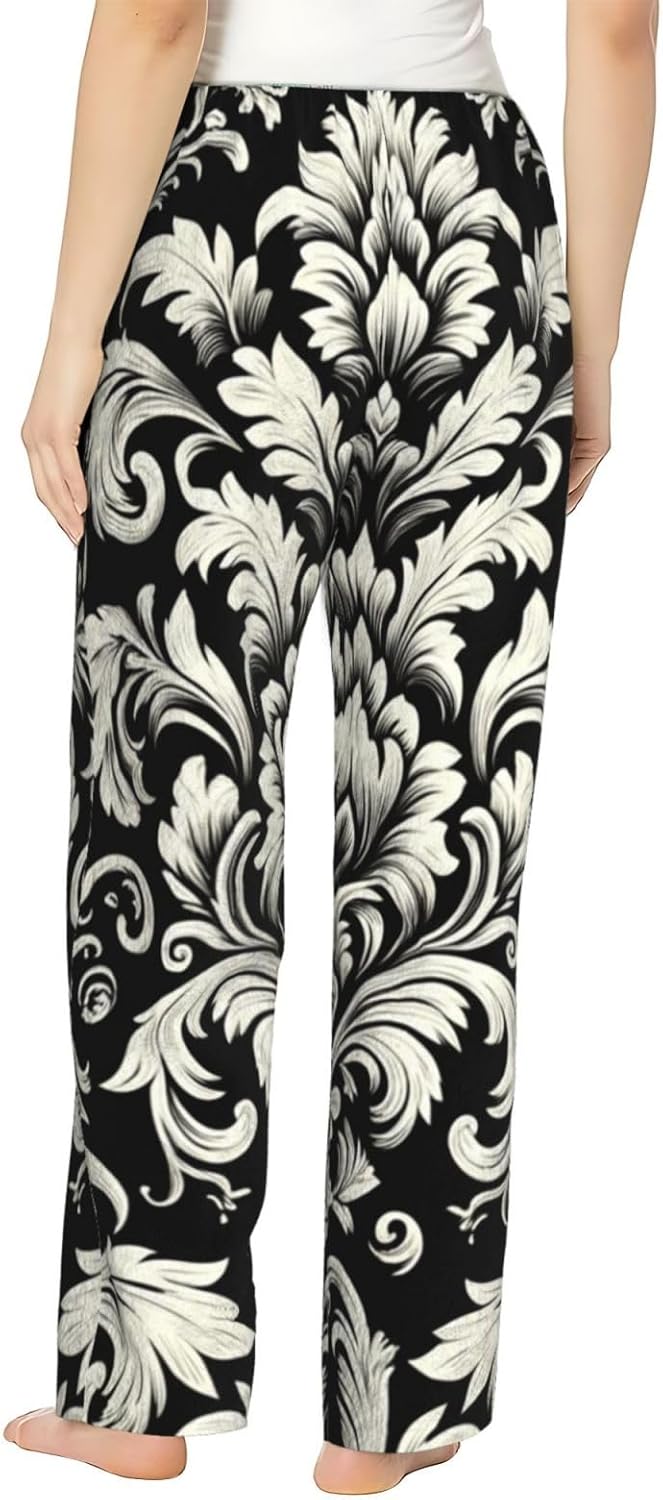 Women'S Damask-Black-White-Pattern Fleece Pajama Pants, Cozy Flannel Lounge Bottoms For Women