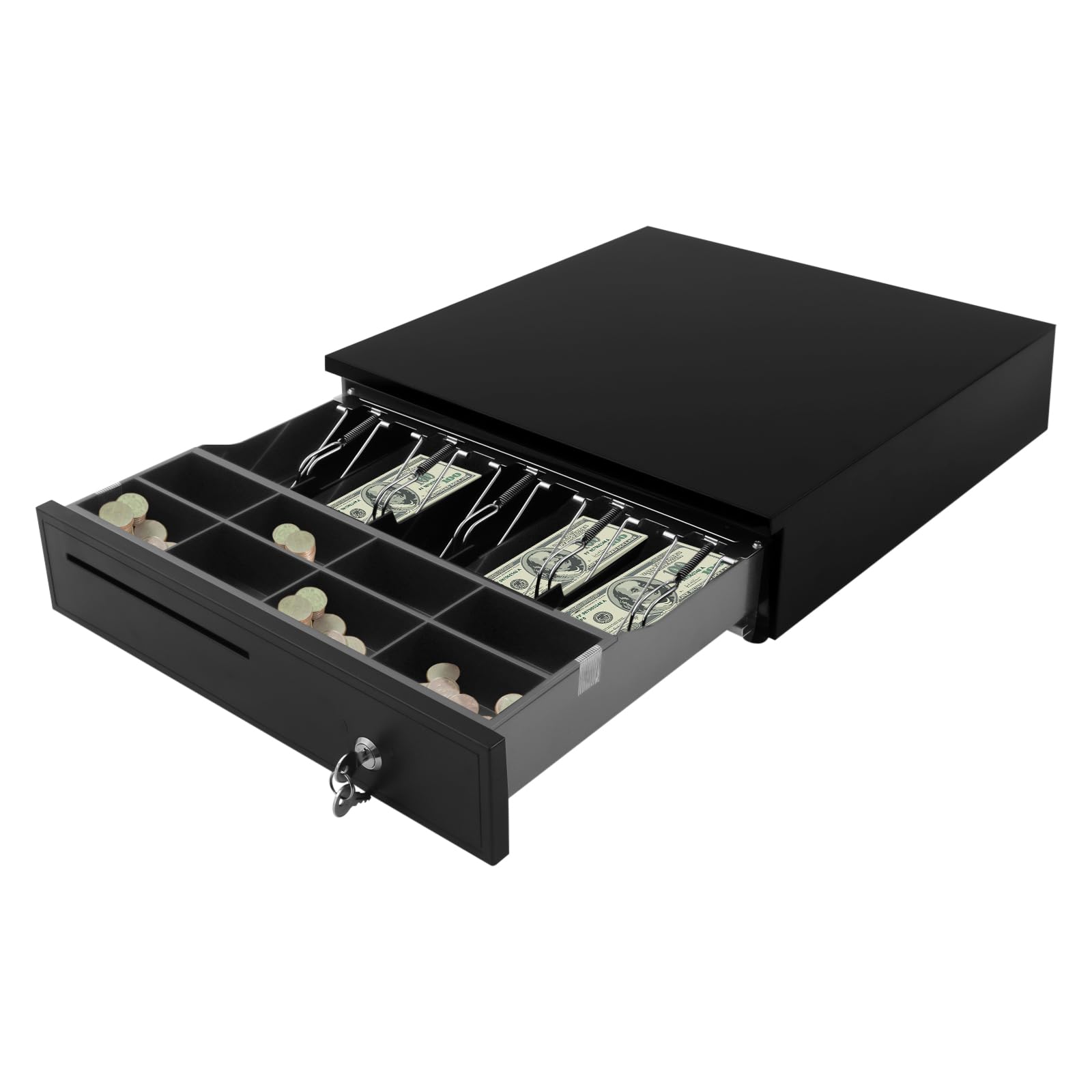 Cassetto per cassa leggero con 5 scomparti per banconote e 8 scomparti estraibili per monete e chiave, apertura nero, con cavo Rj11 per negozi