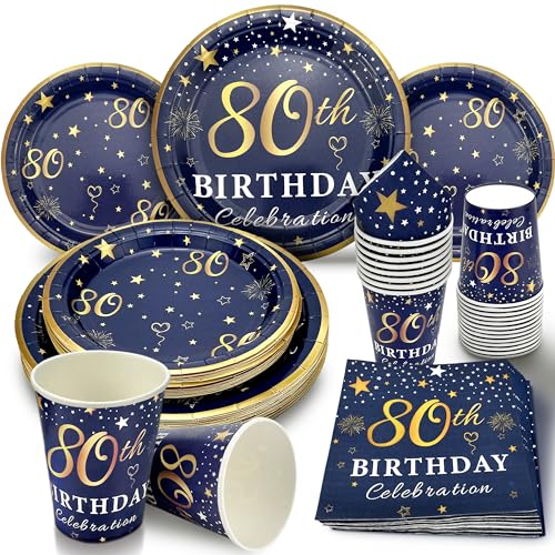 Image of 80th Birthday Decorations Plates and Napkins Blue and Gold, Service for 30, 80th Birthday Party Bundle Includes Navy Blue Plates, Napkins, Cups 80th Birthday Supplies for Men Women